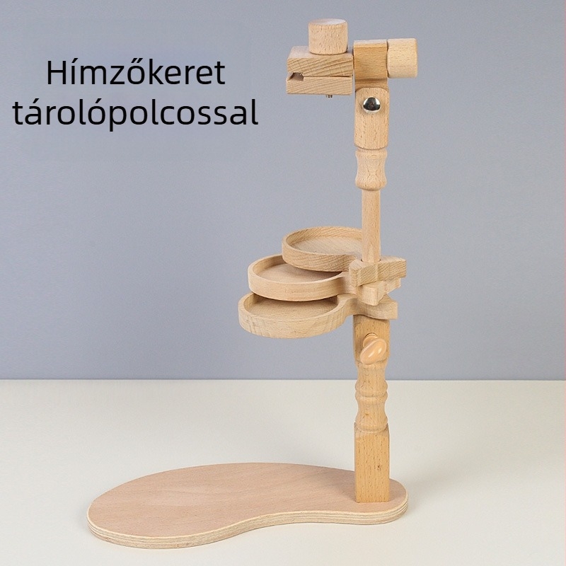 Bükkfa keresztszemes hímző állvány 3 tároló rekesszel, asztali kivitel, tömörfa keret