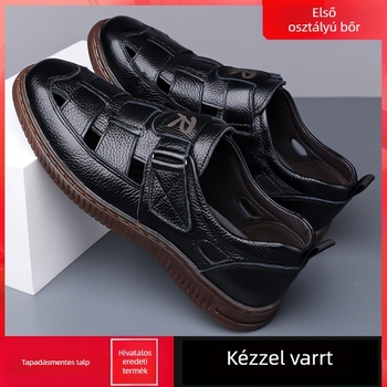 Első réteg marha bőréből készült szandál, lélegző perforált dizájn, Velcro zárás, csúszásmentes puha talp, talpanyag: marha ín, férfiak középkorúak 40–60 év