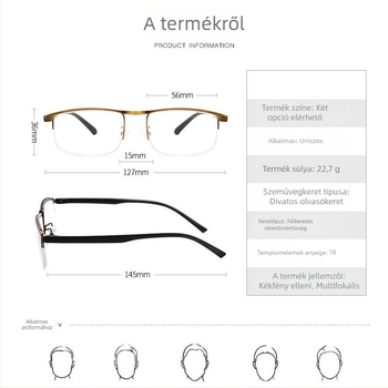Olvasó szemüveg gyanta lencsékkel, félkeretes fém keret, négyszögletes forma