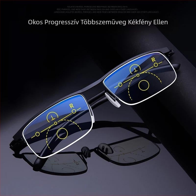 Olvasó szemüveg gyanta lencsékkel, félkeretes fém keret, négyszögletes forma