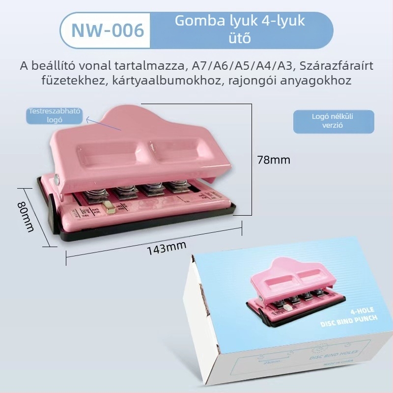 Négylyukas lyukasztó — kézi működtetés, 1–5 lapig, tömege 0,45 kg
