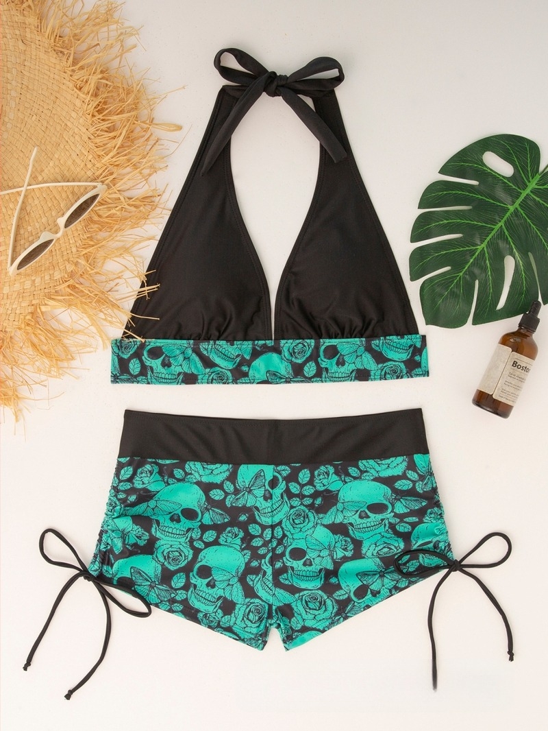 Koponya mintás ujjatlan bikini, melltartóbetéttel, merevítő nélkül, 82% nylon