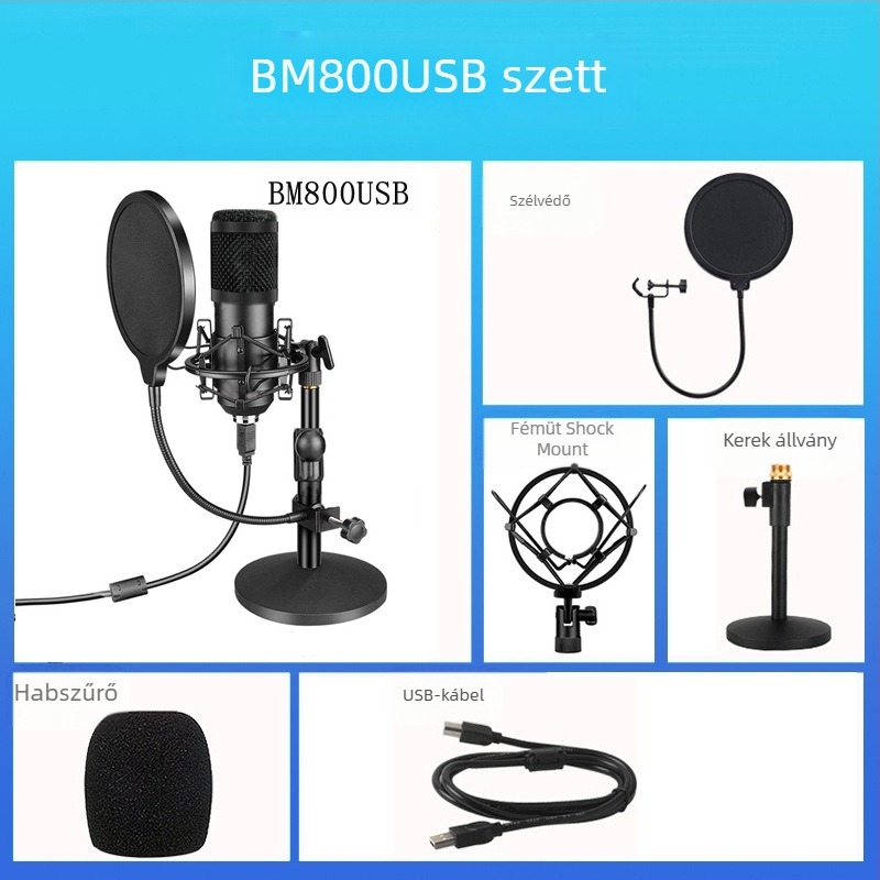 BM-800USB USB számítógépes felvételi mikrofon cardioid mintával, 20Hz-20kHz, SNR ≥70dB, alumíniumötvözet ház