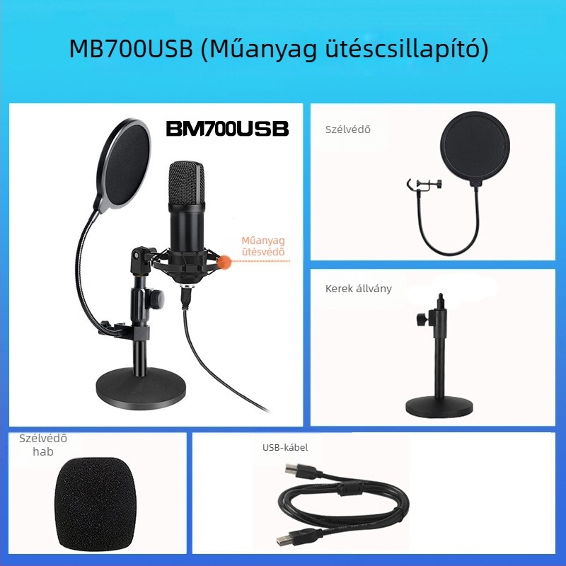 BM-800USB USB számítógépes felvételi mikrofon cardioid mintával, 20Hz-20kHz, SNR ≥70dB, alumíniumötvözet ház