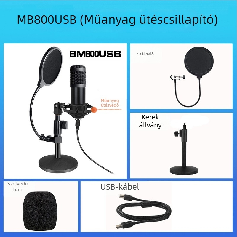 BM-800USB USB számítógépes felvételi mikrofon cardioid mintával, 20Hz-20kHz, SNR ≥70dB, alumíniumötvözet ház