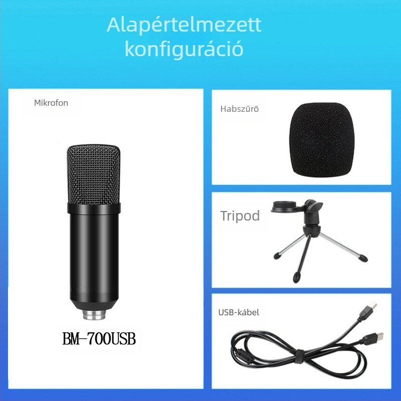 BM-800USB USB számítógépes felvételi mikrofon cardioid mintával, 20Hz-20kHz, SNR ≥70dB, alumíniumötvözet ház