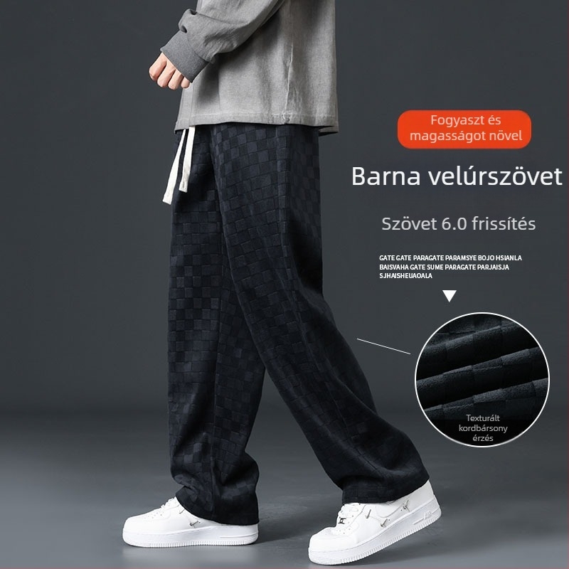 Corduroy férfi nadrág, laza szabás, kockás minta, középső derék