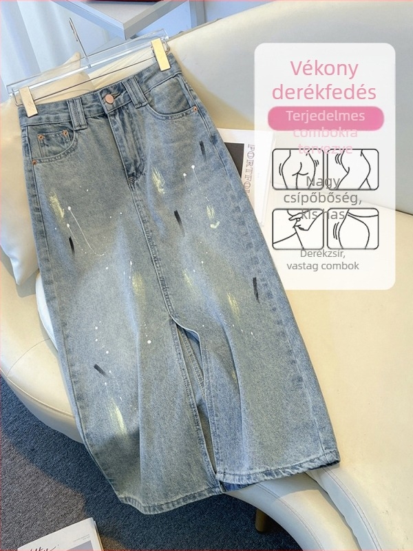 Női farmer A-vonalú középhosszú szoknya, nyár 2025, nem elasztikus