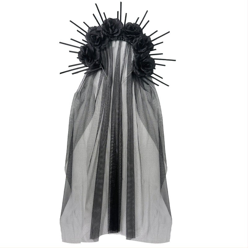 HOWAWAY Gothikus fekete rózsás fejpánt — nejlon, kézzel készített, irodalmi retro stílus, fejfedő nőknek