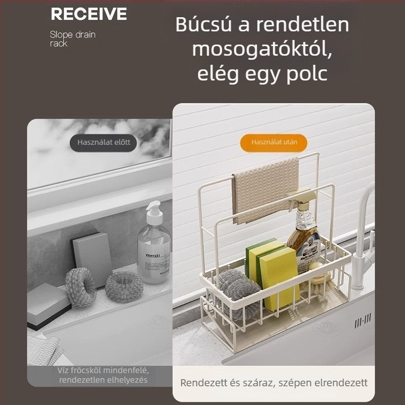 Konyhai szivacs és kendő tároló állvány, hordozható, szénacélból, modell L13-, padlóra álló.