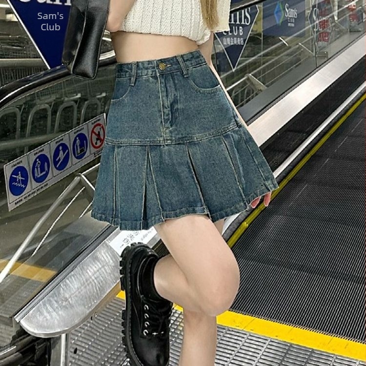 Női magas derekú denim pliszírozott A-vonalú mini szoknya – 2025 nyár, retro stílus