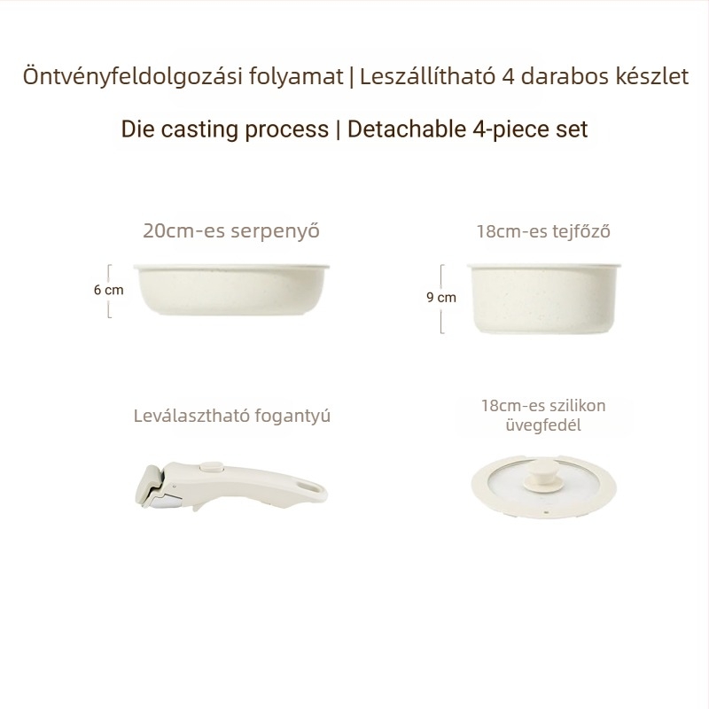 Lekapcsolható fogantyúval rendelkező edénykészlet — antiadhéziós alumínium ötvözetből készült edények, többszörös alj, tartalmaz tejfőző fazekat, 2 serpenyőt és szilikon‑üveg fedőt, indukciós főzőfelülettel kompatibilis