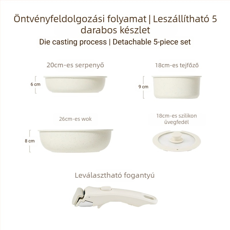 Lekapcsolható fogantyúval rendelkező edénykészlet — antiadhéziós alumínium ötvözetből készült edények, többszörös alj, tartalmaz tejfőző fazekat, 2 serpenyőt és szilikon‑üveg fedőt, indukciós főzőfelülettel kompatibilis