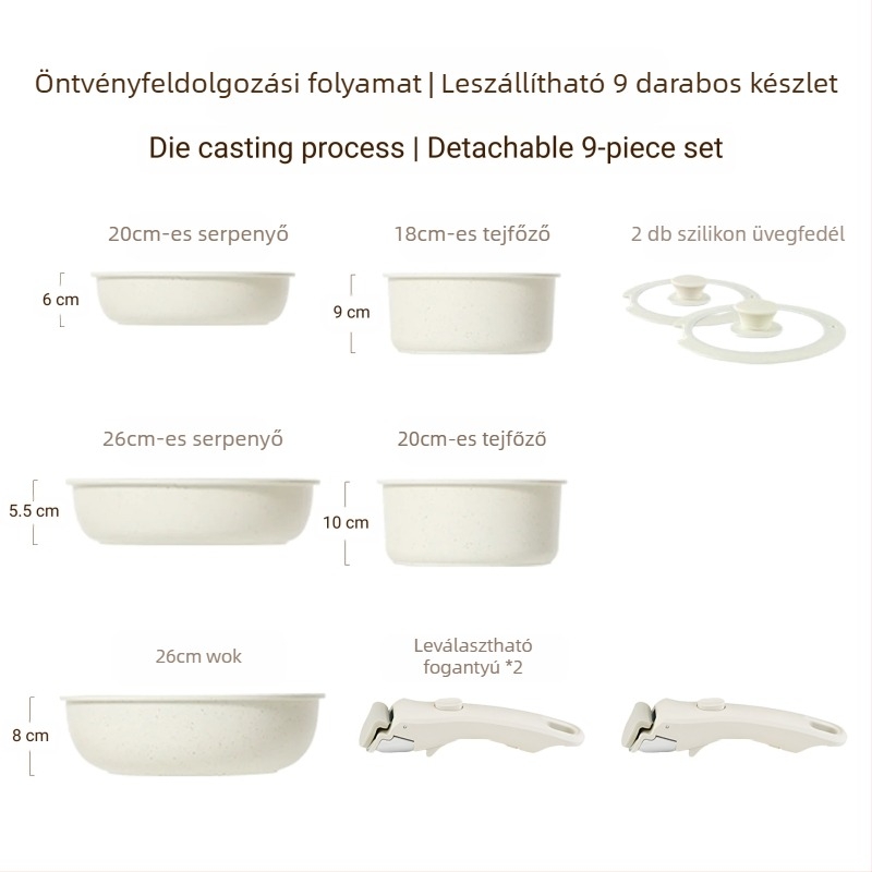 Lekapcsolható fogantyúval rendelkező edénykészlet — antiadhéziós alumínium ötvözetből készült edények, többszörös alj, tartalmaz tejfőző fazekat, 2 serpenyőt és szilikon‑üveg fedőt, indukciós főzőfelülettel kompatibilis