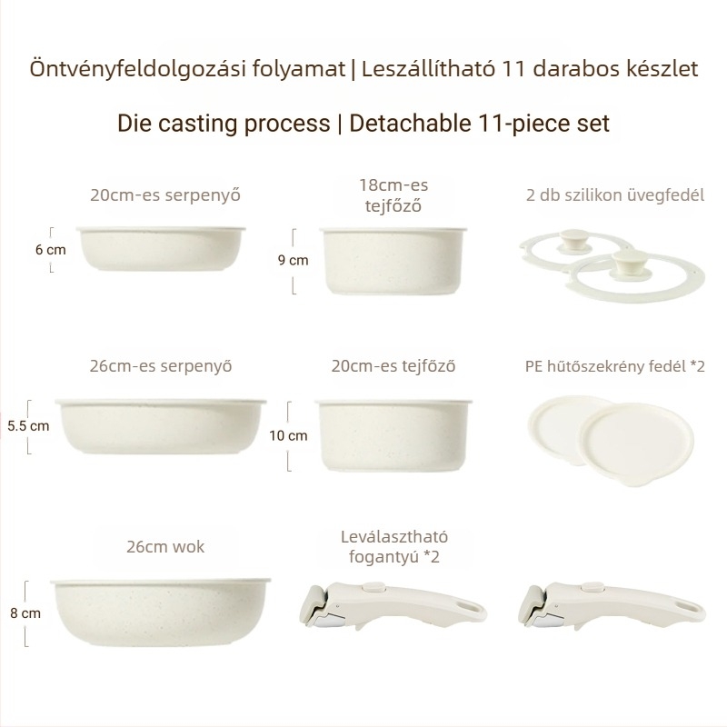 Lekapcsolható fogantyúval rendelkező edénykészlet — antiadhéziós alumínium ötvözetből készült edények, többszörös alj, tartalmaz tejfőző fazekat, 2 serpenyőt és szilikon‑üveg fedőt, indukciós főzőfelülettel kompatibilis
