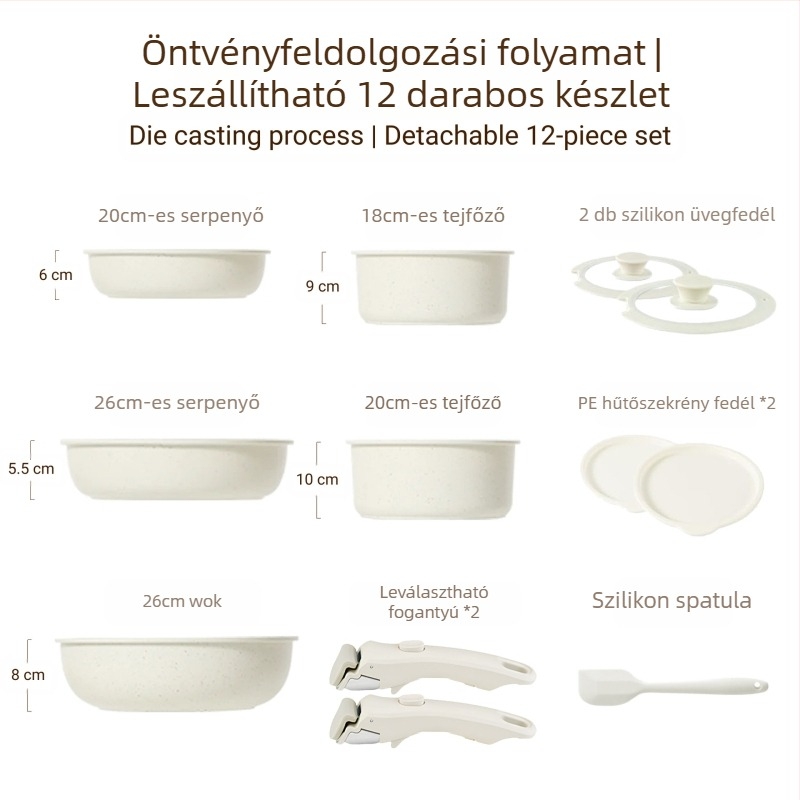 Lekapcsolható fogantyúval rendelkező edénykészlet — antiadhéziós alumínium ötvözetből készült edények, többszörös alj, tartalmaz tejfőző fazekat, 2 serpenyőt és szilikon‑üveg fedőt, indukciós főzőfelülettel kompatibilis