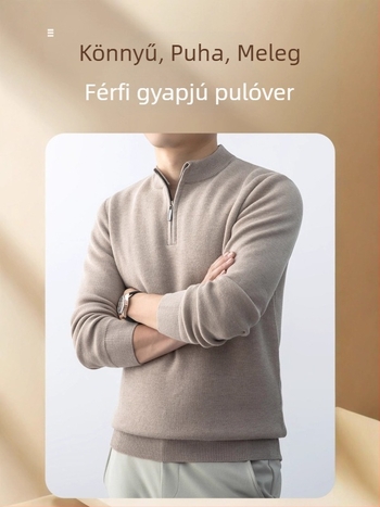 Koreai stílusú kötött pulóver fleece-béléssel, álló gallér, hosszú ujjú