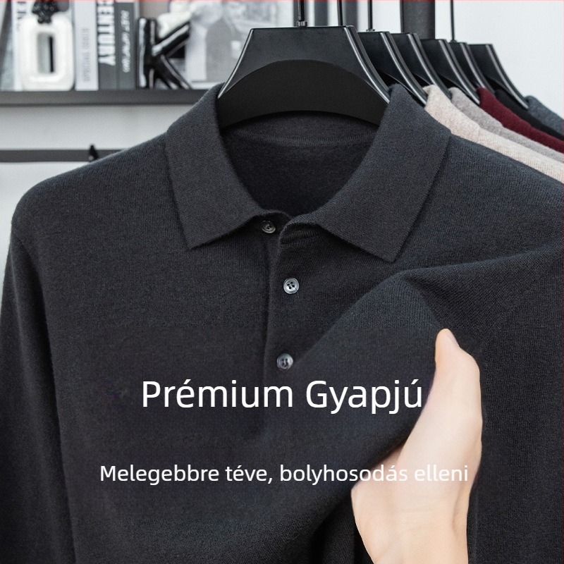 Férfi 100% gyapjú pulóver Turn-down gallérral, vastag és meleg, testhez álló szabás