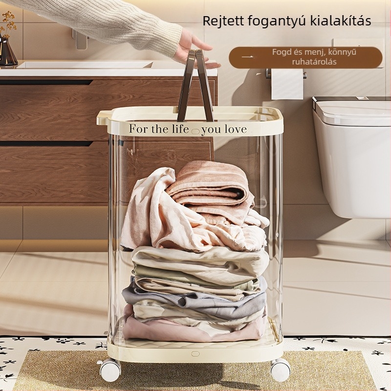Összecsukható mosókosár kerekekkel, műanyagból, fürdőszobai mobil tároló
