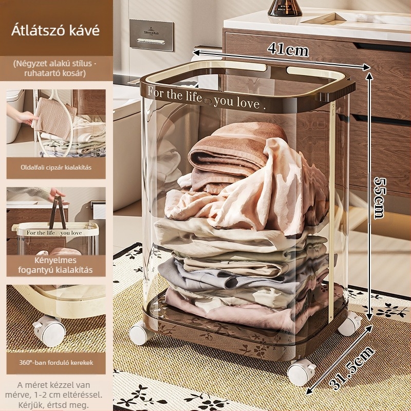 Összecsukható mosókosár kerekekkel, műanyagból, fürdőszobai mobil tároló