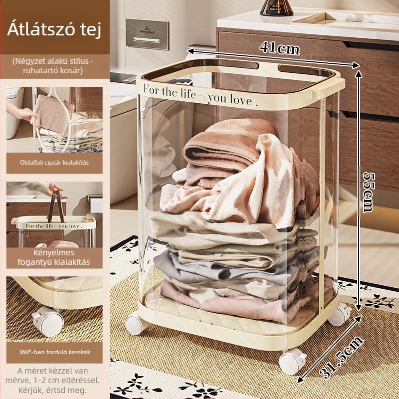 Összecsukható mosókosár kerekekkel, műanyagból, fürdőszobai mobil tároló