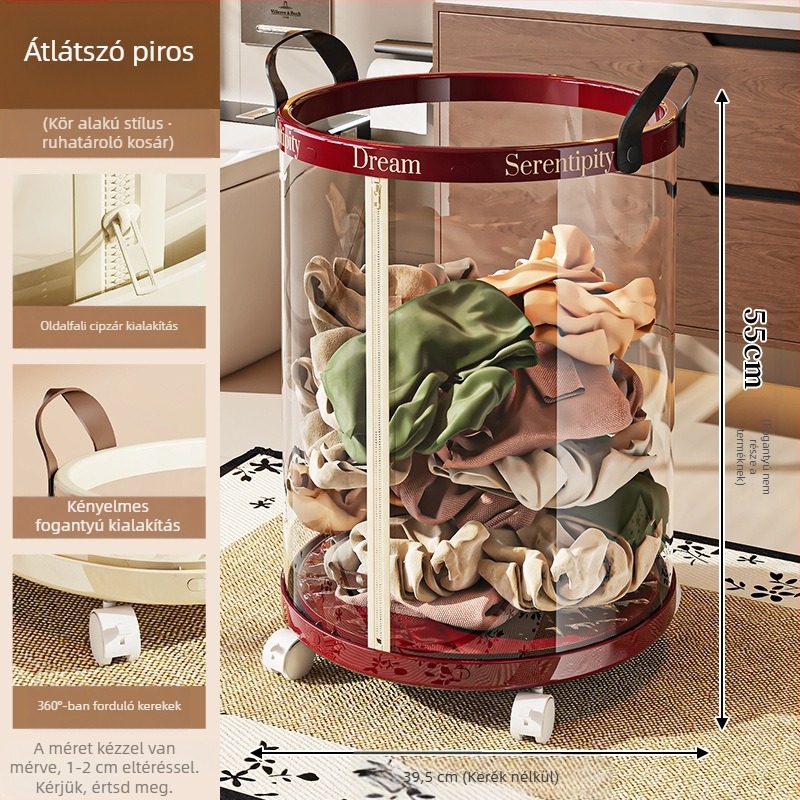 Összecsukható mosókosár kerekekkel, műanyagból, fürdőszobai mobil tároló