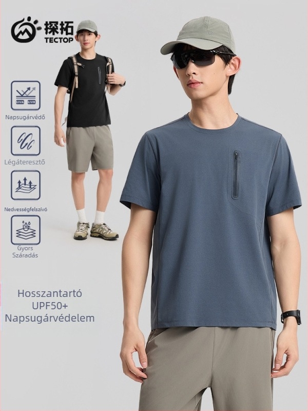 Férfi Ice Silk Cotton T-shirt, gyors száradás, lélegző, UV védelem, kerek nyakú