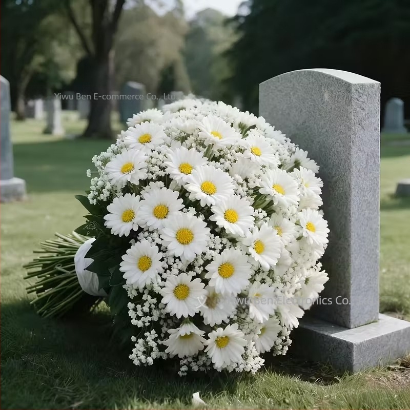 Mesterséges virágkompozíció krizantéma és Baby’s Breath kombinációval; műanyag, félig kézműves és félig mechanikus kivitelezés, kültéri használatra