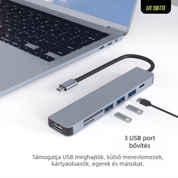 Type-C 7-in-1 dokkoló állomás laptophoz, HDMI 4K/30Hz kimenet, 3-portos USB hub, modell UR-21