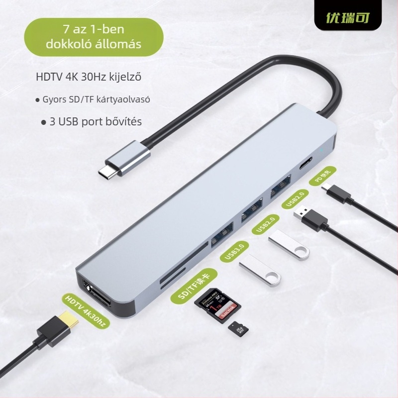 Type-C 7-in-1 dokkoló állomás laptophoz, HDMI 4K/30Hz kimenet, 3-portos USB hub, modell UR-21