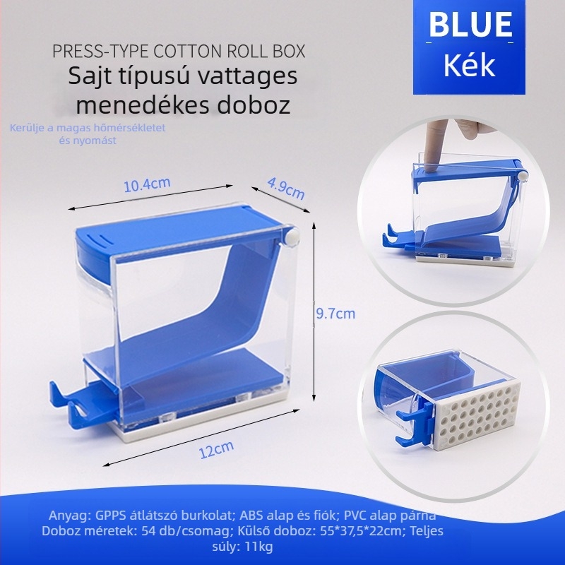 Fogászati pamuttekercs doboz, push típus, fedéllel, PP műanyagból, logóval