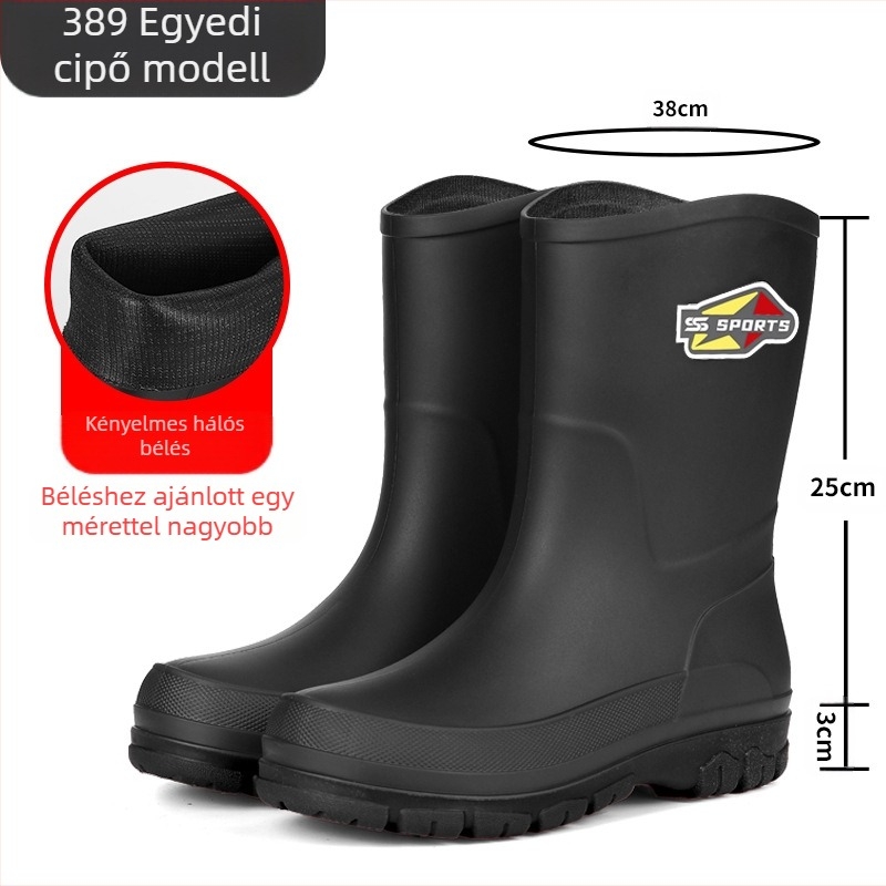 Férfi középmagas esőcsizma PVC felsőrésszel, műanyag talppal, belső hálós béléssel és textil talpbetéttel