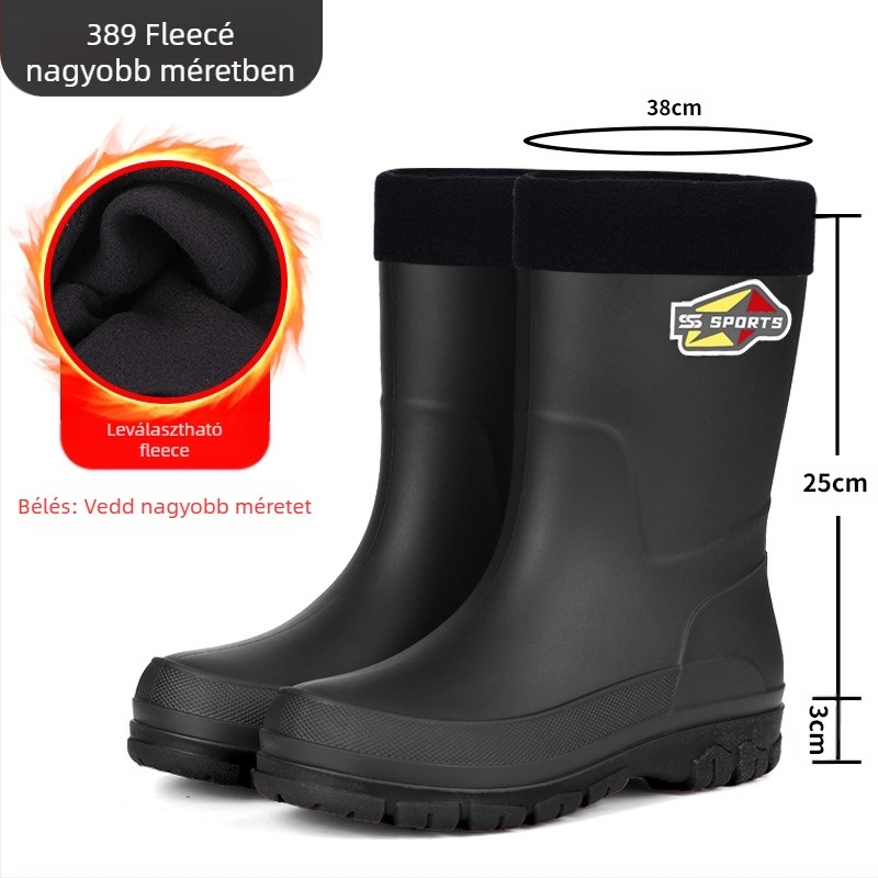 Férfi középmagas esőcsizma PVC felsőrésszel, műanyag talppal, belső hálós béléssel és textil talpbetéttel
