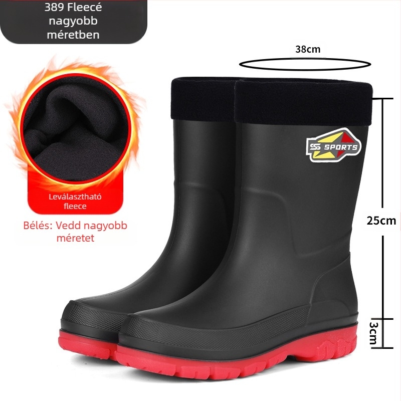 Férfi középmagas esőcsizma PVC felsőrésszel, műanyag talppal, belső hálós béléssel és textil talpbetéttel