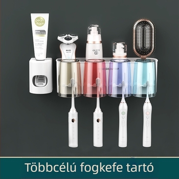 Falihoz szerelt, fúrás nélküli fogkefetartó, szájvíz pohárral és fogkefetartó pohárral – fürdőszobai tároló pároknak