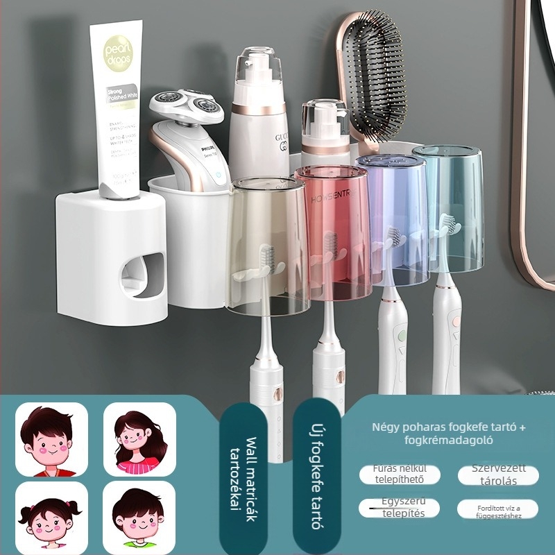 Falihoz szerelt, fúrás nélküli fogkefetartó, szájvíz pohárral és fogkefetartó pohárral – fürdőszobai tároló pároknak
