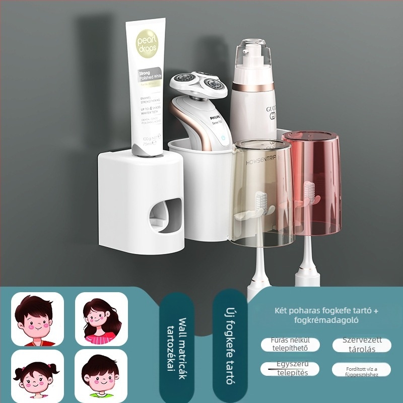 Falihoz szerelt, fúrás nélküli fogkefetartó, szájvíz pohárral és fogkefetartó pohárral – fürdőszobai tároló pároknak