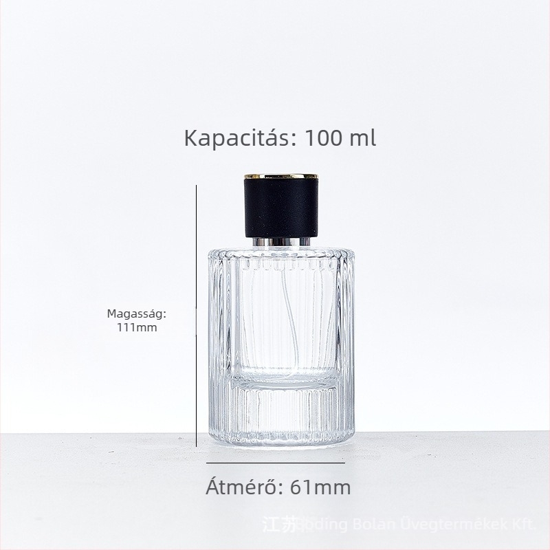 Üveg parfümös flakon csavaros nyakkal, kerek áttetsző test, sűrű vertikális csíkos üveg, széles oldalsó spray, nehéz kupak