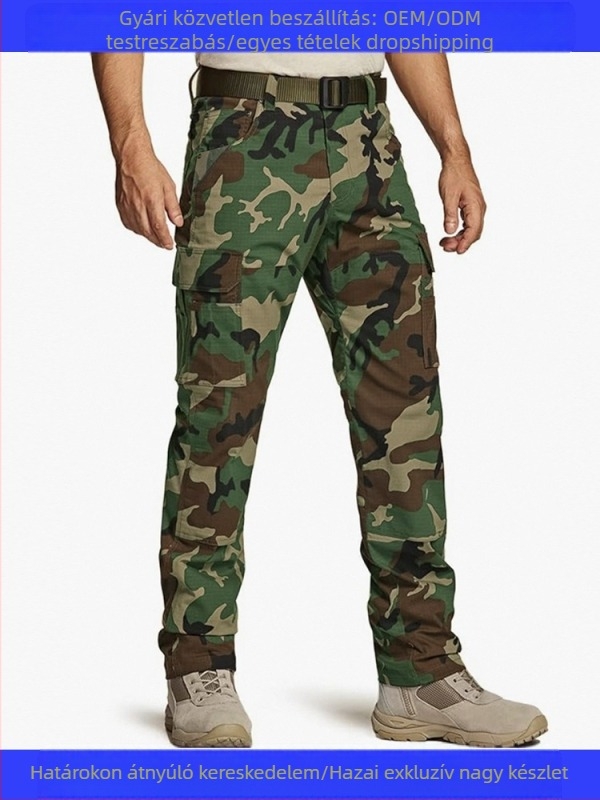 Férfi taktikai munkanadrág camuflázs mintával, magas derékrész, cipzár, egyenes szabás, több zseb, poliészter