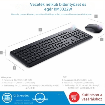 KM3322W Vezeték nélküli billentyűzet és egér készlet – USB interfész mind a billentyűzethez, mind az egérhez, optikai követés, ergonikus kialakítás, vízálló, notebook és iroda használatra.