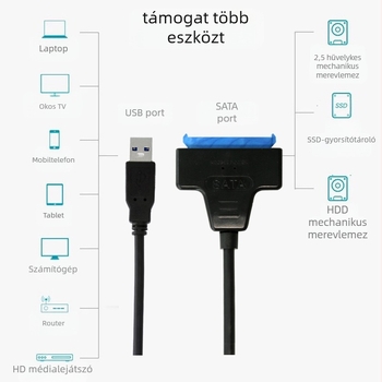 USB 3.0-tól SATA-hoz adapter kábel 2,5 hüvelykes HDD/SSD-hez, JMS578 chipset, akár 450 MB/s, 30 cm hosszú