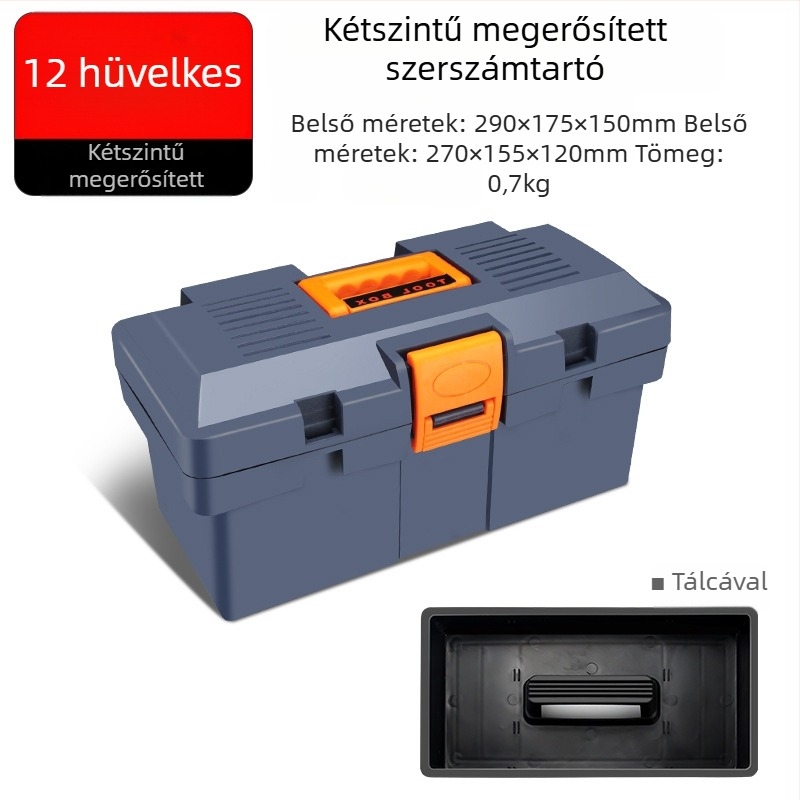 HB műanyag szerszámdoboz, vastagított típus, hordozható kézi tároló háztartási és autókarbantartási célra, többfunkciós alkatrész-doboz