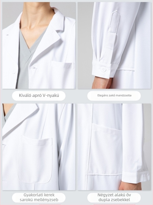 Férfi orvosi köpeny, hosszú ujjú, anti-gyűrődés funkcióval, pamutkeverék anyag, bélés poliészter, munkaruházat az egészségügyben