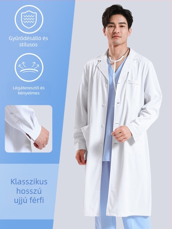 Férfi orvosi köpeny, hosszú ujjú, anti-gyűrődés funkcióval, pamutkeverék anyag, bélés poliészter, munkaruházat az egészségügyben