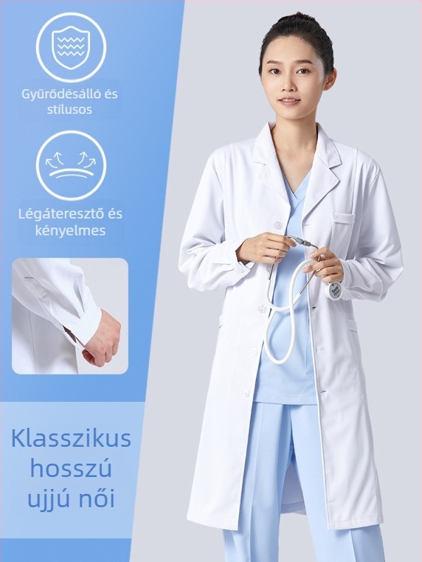 Férfi orvosi köpeny, hosszú ujjú, anti-gyűrődés funkcióval, pamutkeverék anyag, bélés poliészter, munkaruházat az egészségügyben