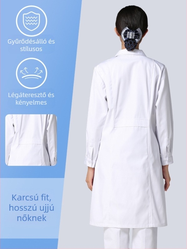 Férfi orvosi köpeny, hosszú ujjú, anti-gyűrődés funkcióval, pamutkeverék anyag, bélés poliészter, munkaruházat az egészségügyben