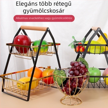 V-alakú, többrétegű gyümölcskosár leválasztható fém vázzal és fa fogantyúval – szénacél konyhai asztali tároló