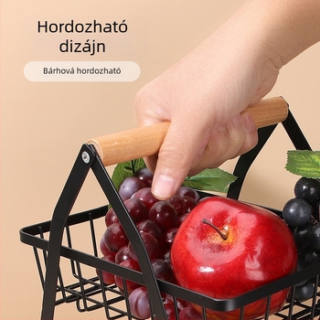 V-alakú, többrétegű gyümölcskosár leválasztható fém vázzal és fa fogantyúval – szénacél konyhai asztali tároló