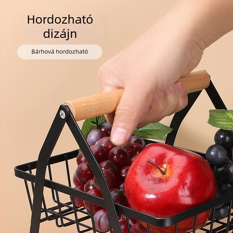 V-alakú, többrétegű gyümölcskosár leválasztható fém vázzal és fa fogantyúval – szénacél konyhai asztali tároló