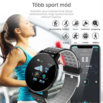 Okos karkötő szívritmus- és vérnyomásméréssel, alvásfigyeléssel, oxigén-szint mérésével és lépésszámlálással — szilikon szíj, kerek számlap